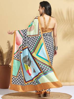 Brown printed crepe casual saree with blouse piece 2