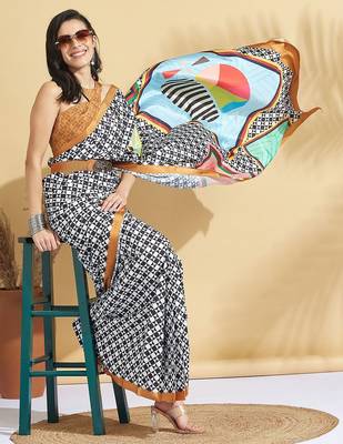 Brown printed crepe casual saree with blouse piece 3