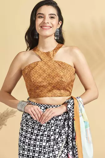Brown printed crepe casual saree with blouse piece