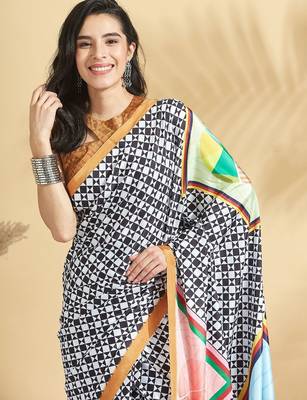 Brown printed crepe casual saree with blouse piece 5