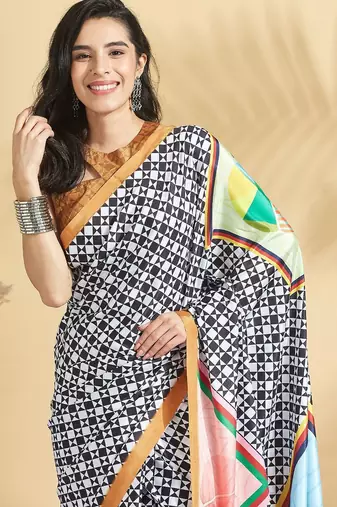 Brown printed crepe casual saree with blouse piece
