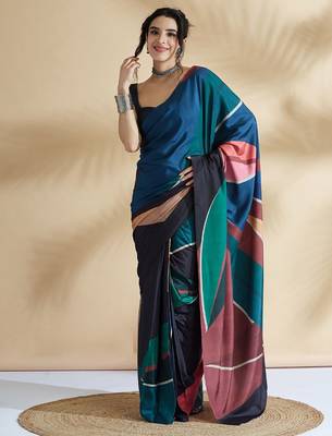 Black printed crepe casual saree with blouse piece 1