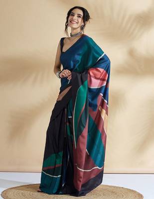 Black printed crepe casual saree with blouse piece 2