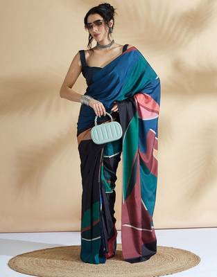 Black printed crepe casual saree with blouse piece 4