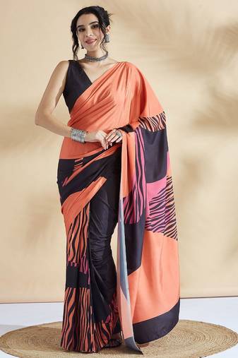 Orange printed crepe casual saree with blouse piece