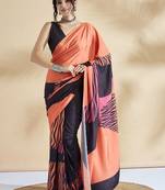 Orange printed crepe casual saree with blouse piece