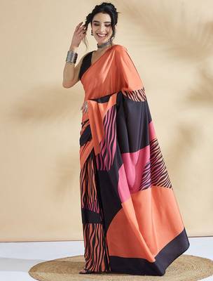 Orange printed crepe casual saree with blouse piece 2