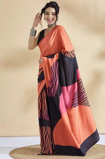 Orange printed crepe casual saree with blouse piece