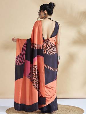 Orange printed crepe casual saree with blouse piece 3