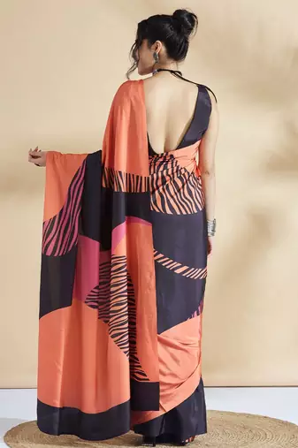 Orange printed crepe casual saree with blouse piece
