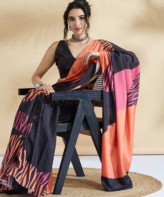 Orange printed crepe casual saree with blouse piece 4
