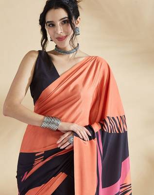 Orange printed crepe casual saree with blouse piece 5
