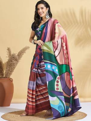 Navy blue printed crepe casual saree with blouse piece 1