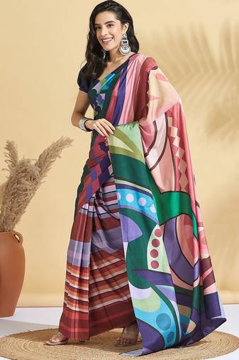 Navy blue printed crepe casual saree with blouse piece