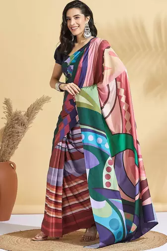 Navy blue printed crepe casual saree with blouse piece