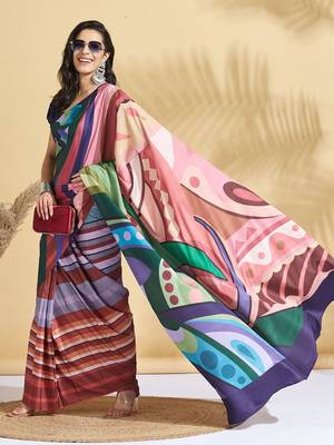 Navy blue printed crepe casual saree with blouse piece 2