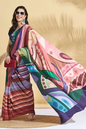 Navy blue printed crepe casual saree with blouse piece