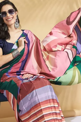 Navy blue printed crepe casual saree with blouse piece