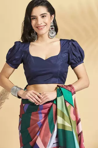 Navy blue printed crepe casual saree with blouse piece