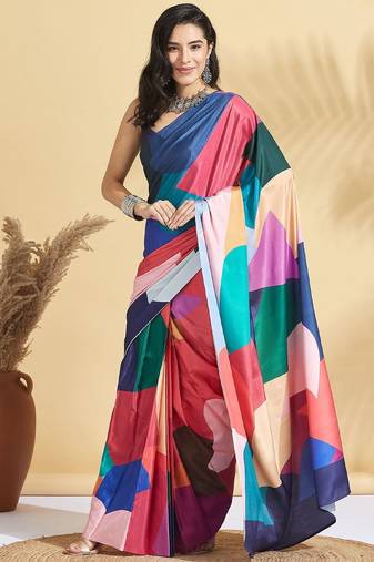 Red printed crepe casual saree with blouse piece