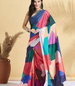Red printed crepe casual saree with blouse piece