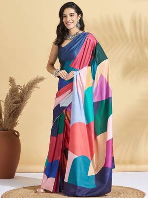 Red printed crepe casual saree with blouse piece 2