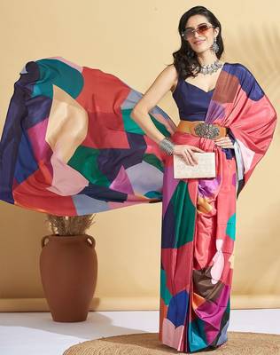 Red printed crepe casual saree with blouse piece 4