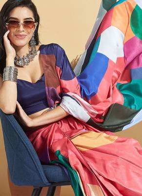 Red printed crepe casual saree with blouse piece 5