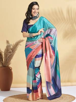 Blue printed crepe casual saree with blouse piece 1