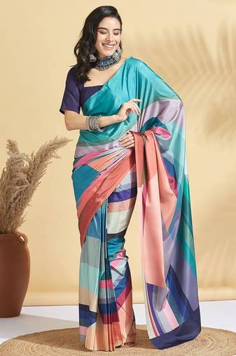 Blue printed crepe casual saree with blouse piece