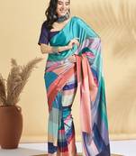 Blue printed crepe casual saree with blouse piece