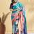Blue printed crepe casual saree with blouse piece
