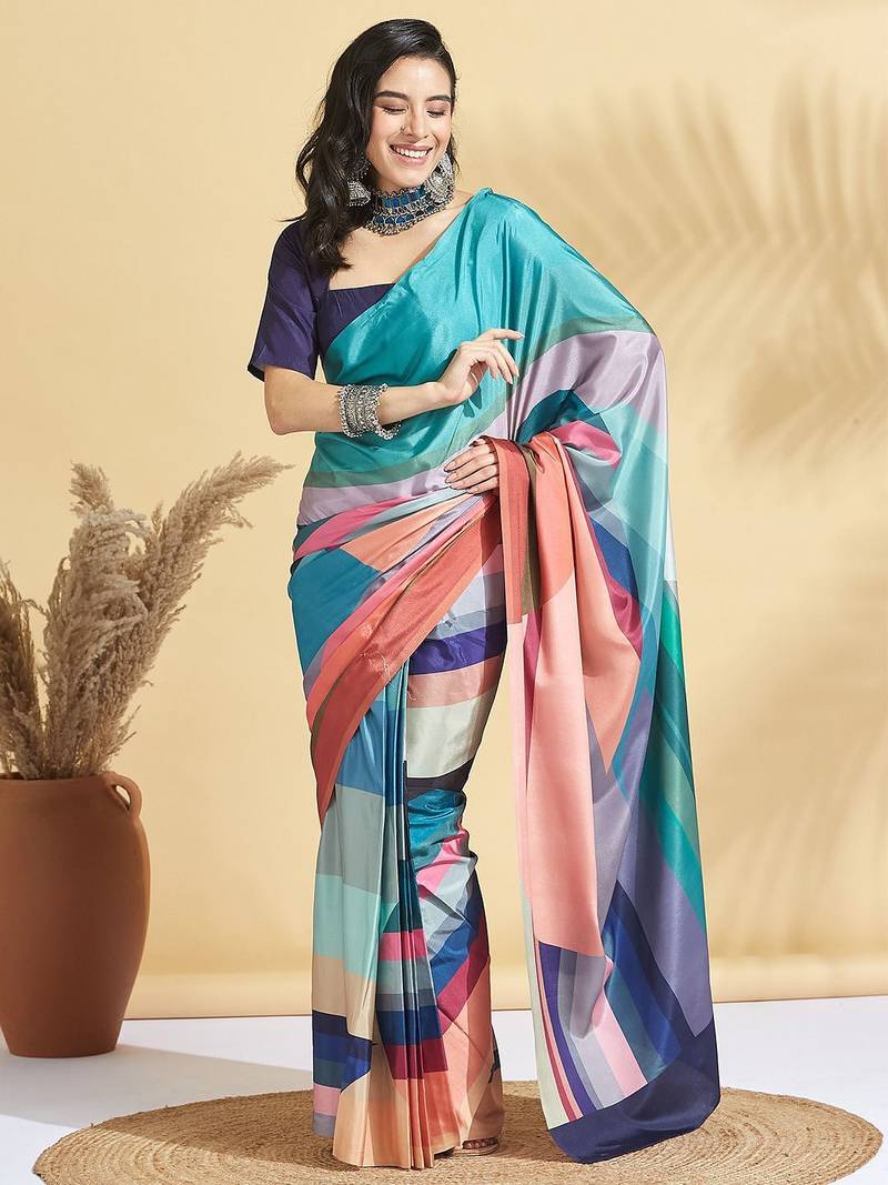 Blue printed crepe casual saree with blouse piece
