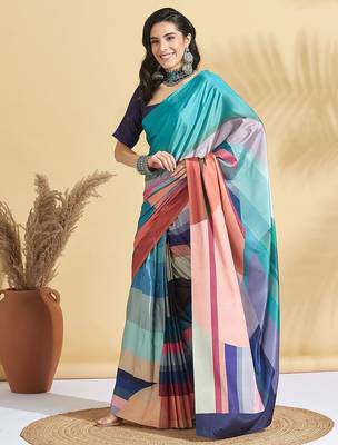 Blue printed crepe casual saree with blouse piece 2