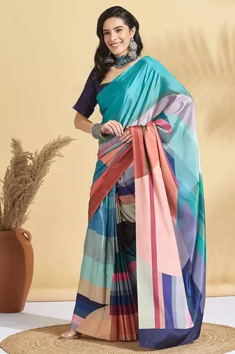 Blue printed crepe casual saree with blouse piece
