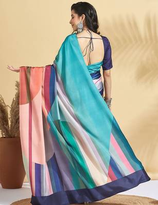 Blue printed crepe casual saree with blouse piece 3