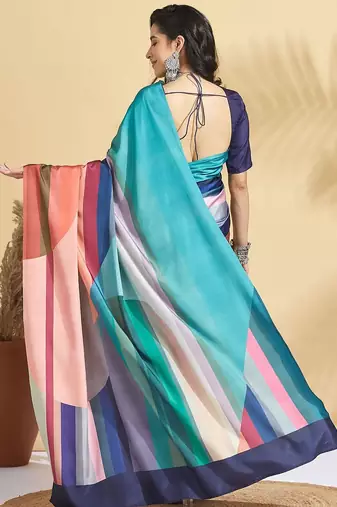 Blue printed crepe casual saree with blouse piece