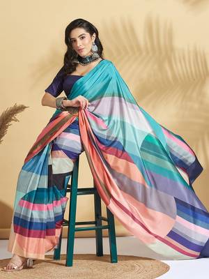 Blue printed crepe casual saree with blouse piece 4