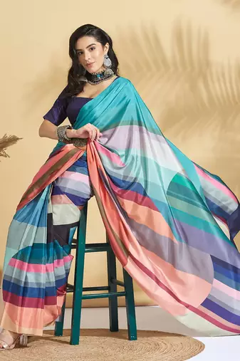 Blue printed crepe casual saree with blouse piece