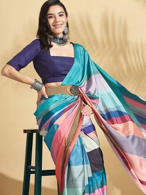 Blue printed crepe casual saree with blouse piece 5