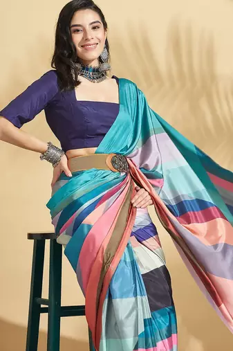 Blue printed crepe casual saree with blouse piece