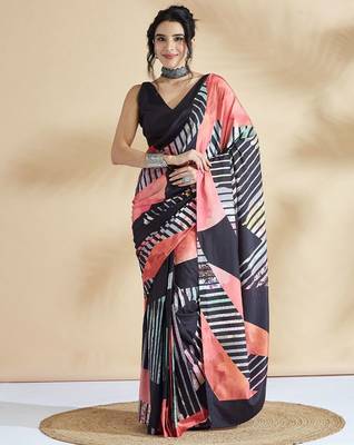 Peach printed crepe casual saree with blouse piece 1