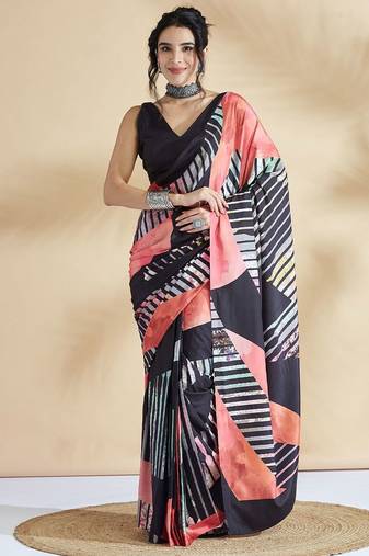 Peach printed crepe casual saree with blouse piece
