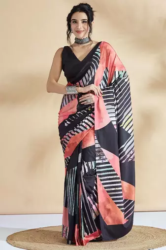 Peach printed crepe casual saree with blouse piece