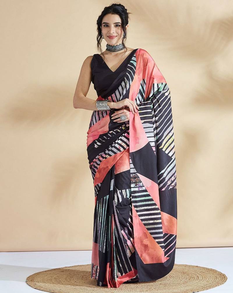 Peach printed crepe casual saree with blouse piece