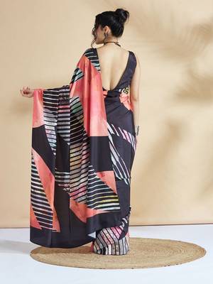 Peach printed crepe casual saree with blouse piece 3