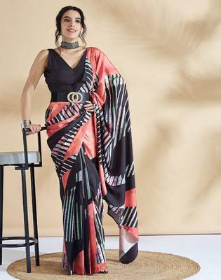 Peach printed crepe casual saree with blouse piece 4