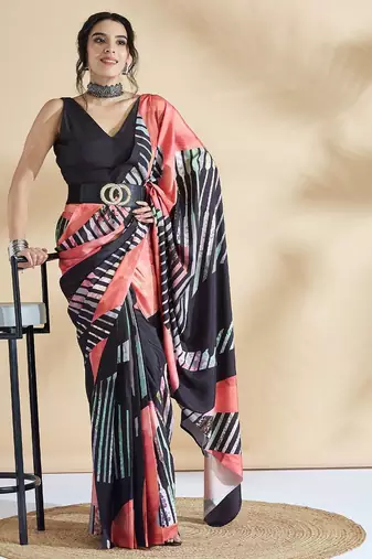 Peach printed crepe casual saree with blouse piece