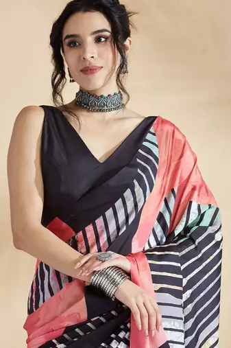 Peach printed crepe casual saree with blouse piece