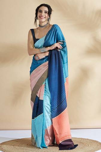 Blue printed crepe casual saree with blouse piece